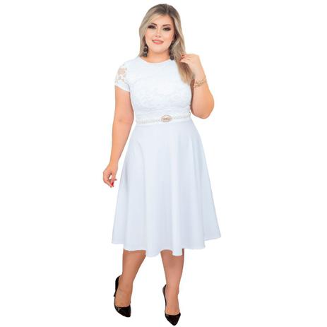 Vestido Godê Mídi Moda Evangélica Renda Manga Curta Branco - Larissa Modas Menor preço em Vestido Godê Mídi Moda Evangélica Renda Manga Curta Branco - Larissa Modas