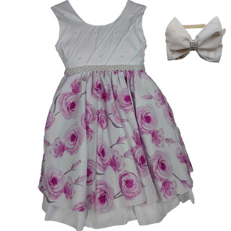 Vestido Infantil de Luxo Branco Floral Com Pérolas e Tiara - Fantasias carol gi Menor preço em Vestido Infantil de Luxo Branco Floral Com Pérolas e Tiara - Fantasias carol gi