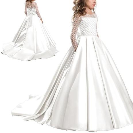 Vestido Infantil Festa Branco Daminha Comunhão Batismo Aia Florista Longo Luxo - Flor De Maria Menor preço em Vestido Infantil Festa Branco Daminha Comunhão Batismo Aia Florista Longo Luxo - Flor De Maria
