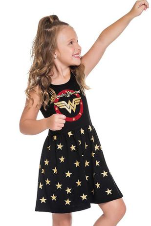 Vestido Infantil Menina Mulher-Maravilha Preto - Brandili Menor preço em Vestido Infantil Menina Mulher-Maravilha Preto - Brandili