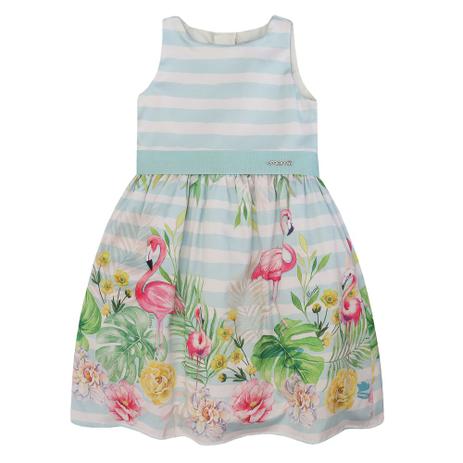Vestido Infantil Momi Barrado Flamingos Menor preço em Vestido Infantil Momi Barrado Flamingos