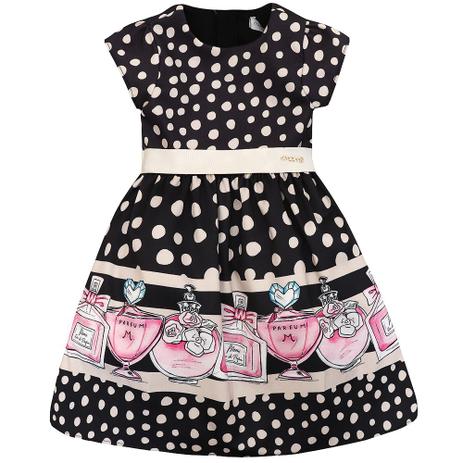 Vestido Infantil Momi Barrado Perfumes e Poá Bege Menor preço em Vestido Infantil Momi Barrado Perfumes e Poá Bege