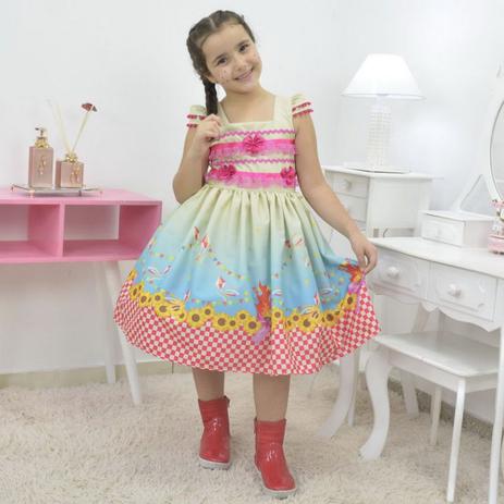 Vestido infantil quadrilha - Festa Junina com barrado xadrez - Moderna Meninas