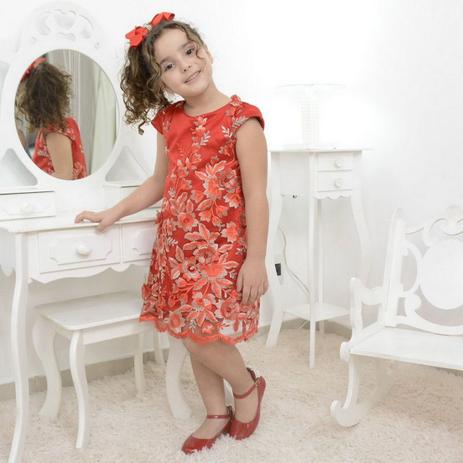Vestido infantil vermelho com tule francês bordado modelo trapézio -  Moderna Meninas - Moda Infantil - Magazine Luiza