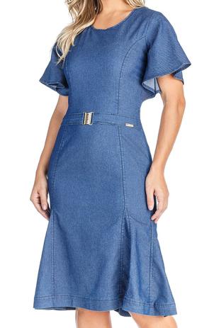 vestido jeans com babado no ombro