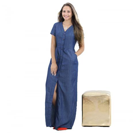 Vestido Jeans Longo Decote V Fenda Frontal - Black jeans Menor preço em Vestido Jeans Longo Decote V Fenda Frontal - Black jeans