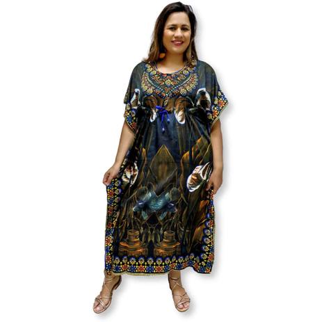 Vestido Kaftan Indiano Longo Estampado Plus Size 220 - Sarat Moda Indiana