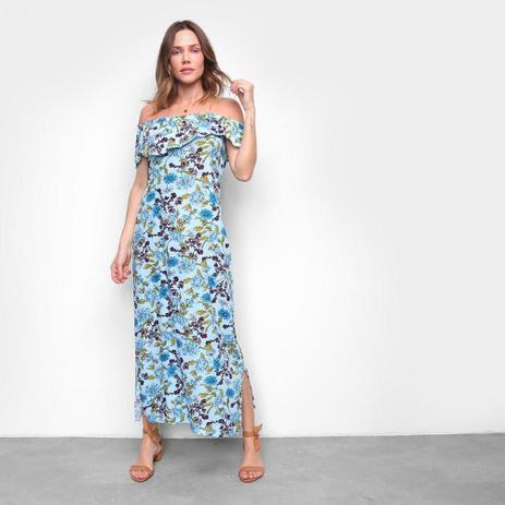 vestido longo estampado ombro a ombro