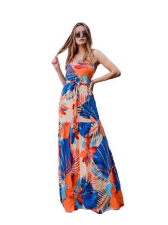 vestido longo estampado com cinto