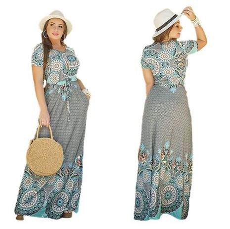 vestido longo estampado com manga curta