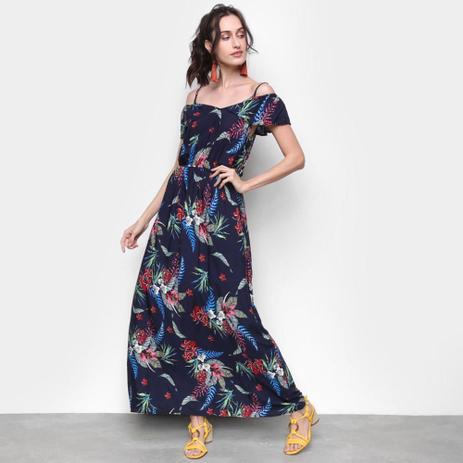 vestido longo estampado ombro a ombro