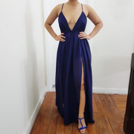 Vestido Longo Nara Fenda de Chiffon com Forro - Azul Marinho - Ateliê my way Menor preço em Vestido Longo Nara Fenda de Chiffon com Forro - Azul Marinho - Ateliê my way