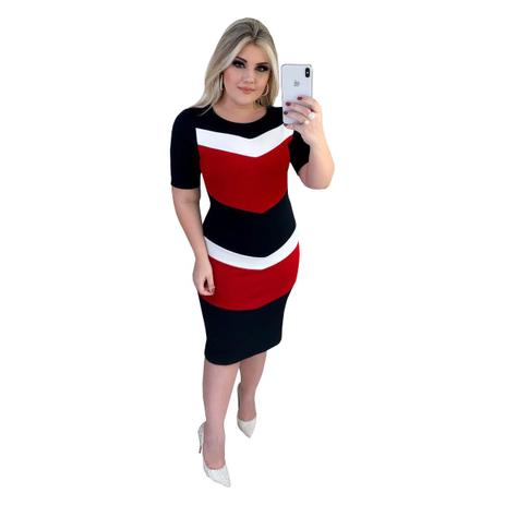 Vestidos Tricolor V Tubinho Mídi Moda Evangélica e Executiva - Larissa Modas Menor preço em Vestidos Tricolor V Tubinho Mídi Moda Evangélica e Executiva - Larissa Modas