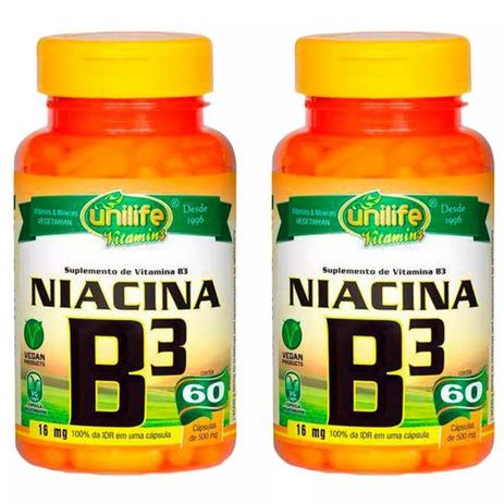 Vitamina B3 (Niacina) - 2x 60 Cápsulas - Unilife Menor preço em Vitamina B3 (Niacina) - 2x 60 Cápsulas - Unilife