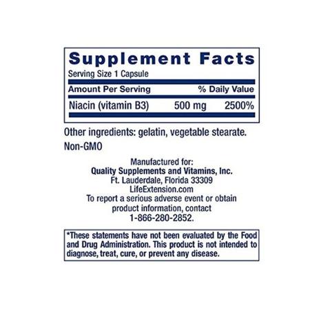 Vitamina B3 Niacina 500 Mg (100 cápsulas) Life Extension Menor preço em Vitamina B3 Niacina 500 Mg (100 cápsulas) Life Extension