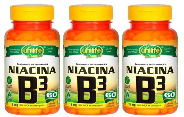 Vitamina B3 Niacina 60 Cápsulas 500mg Unilife - Kit 3 unidades -