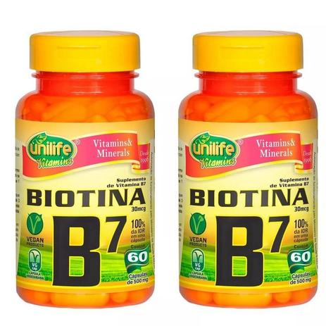Vitamina B7 (Biotina) - 2x 60 Cápsulas - Unilife Menor preço em Vitamina B7 (Biotina) - 2x 60 Cápsulas - Unilife