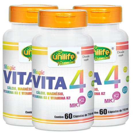 Vitamina K2 D3 Cálcio e Magnésio MK7 Vita 4 Kit com 3 frascos - Unilife Menor preço em Vitamina K2 D3 Cálcio e Magnésio MK7 Vita 4 Kit com 3 frascos - Unilife