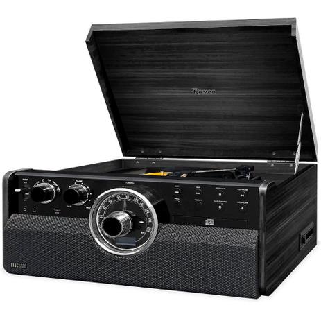 Vitrola Raveo Vanguard Toca-Discos CD Player Bluetooth Radio FM Fita Cassete USB Bivolt Ebony Menor preço em Vitrola Raveo Vanguard Toca-Discos CD Player Bluetooth Radio FM Fita Cassete USB Bivolt Ebony