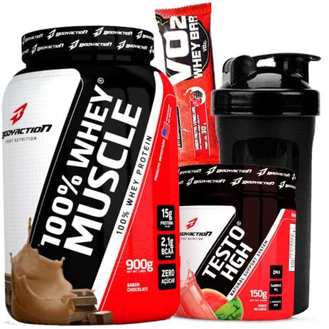 Whey 100 Muscle Concentrado 900g+ Testo HGH 150G+Garrafinha - Body Action Menor preço em Whey 100 Muscle Concentrado 900g+ Testo HGH 150G+Garrafinha - Body Action