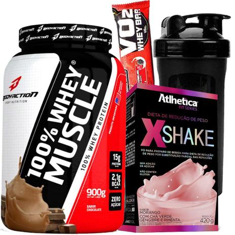 Whey 100 Muscle Concentrado 900g + X Shake 420g + Garrafinha - Body action Menor preço em Whey 100 Muscle Concentrado 900g + X Shake 420g + Garrafinha - Body action