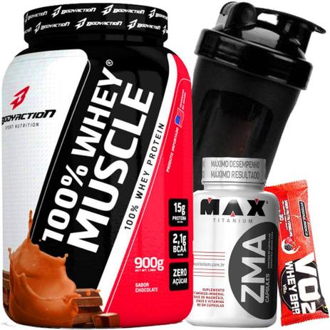 Whey 100 Muscle Concentrado 900g+ Zma 90caps+Garrafinha - Body action Menor preço em Whey 100 Muscle Concentrado 900g+ Zma 90caps+Garrafinha - Body action