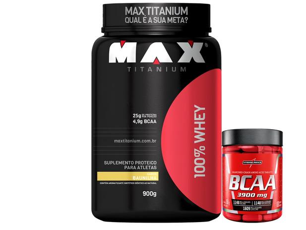 Whey 100 Protein - 900g Max + Bcaa 3900mg 100 Tabs Integral - Max titanium Menor preço em Whey 100 Protein - 900g Max + Bcaa 3900mg 100 Tabs Integral - Max titanium