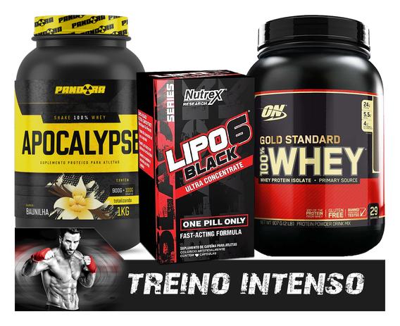 Whey 1kg apocalypse (morango) + lipo 6 black 60 caps + 100 gold standard whey (double rich chocolate) - Pandora Menor preço em Whey 1kg apocalypse (morango) + lipo 6 black 60 caps + 100 gold standard whey (double rich chocolate) - Pandora