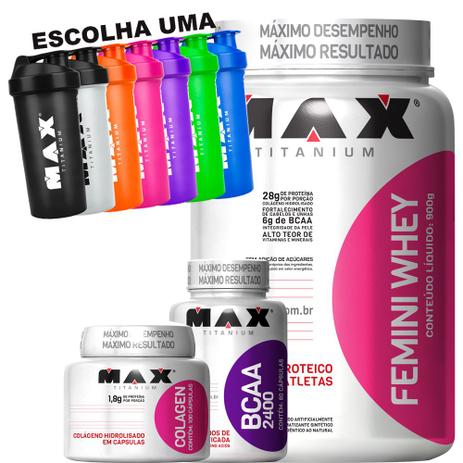 Whey Femini (900g) + Bcaa + Colagen 100 (Cáps) Max Titanium Menor preço em Whey Femini (900g) + Bcaa + Colagen 100 (Cáps) Max Titanium