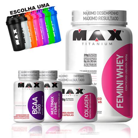 Whey Femini Whey 900 - BCAA 100cáps - Colageno 100cáps - mul - Max titanium Menor preço em Whey Femini Whey 900 - BCAA 100cáps - Colageno 100cáps - mul - Max titanium