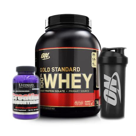 Whey Gold Standard 2.270g Morango + Creatina +bottle Optimum - K-fit Menor preço em Whey Gold Standard 2.270g Morango + Creatina +bottle Optimum - K-fit