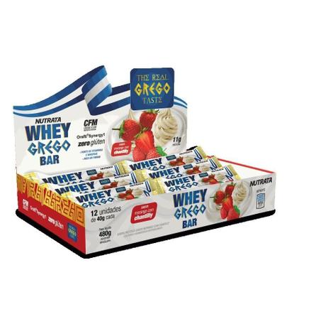 Whey Grego Bar Caixa com 12 Unidades (480g) - Sabor: Morango com Chantilly - Nutrata Menor preço em Whey Grego Bar Caixa com 12 Unidades (480g) - Sabor: Morango com Chantilly - Nutrata