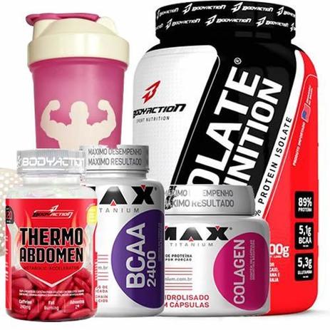 Whey Isolate 900g Morango + BCAA 200 Cáps + Colagen 100 Cáps + Thermo Abdomen - 120 Tab + Coqueteleira - Body Action - Bodyaction Menor preço em Whey Isolate 900g Morango + BCAA 200 Cáps + Colagen 100 Cáps + Thermo Abdomen - 120 Tab + Coqueteleira - Body Action - Bodyaction