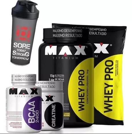 Whey Pro Refil 1.5kg + 1kg Pote + Bcaa + Creat. + Shaker - Max titanium Menor preço em Whey Pro Refil 1.5kg + 1kg Pote + Bcaa + Creat. + Shaker - Max titanium