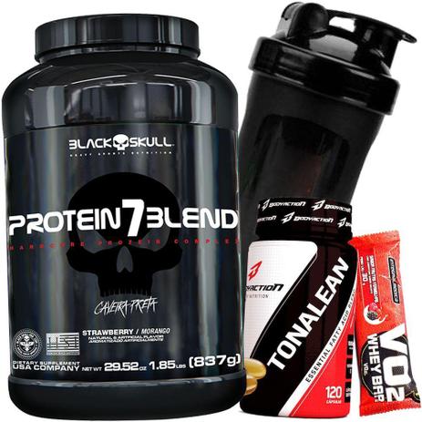 Whey Protein 7 Blend 837g + Oleo de Cartamo Tonalean + Coqueteleira + Barra Proteíca - Black skull Menor preço em Whey Protein 7 Blend 837g + Oleo de Cartamo Tonalean + Coqueteleira + Barra Proteíca - Black skull