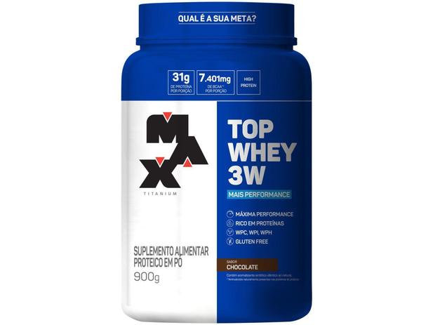 Whey Protein Concentrado Isolado Hidrolisado - Max Titanium Top Whey 3W 900g Chocolate Menor preço em Whey Protein Concentrado Isolado Hidrolisado - Max Titanium Top Whey 3W 900g Chocolate