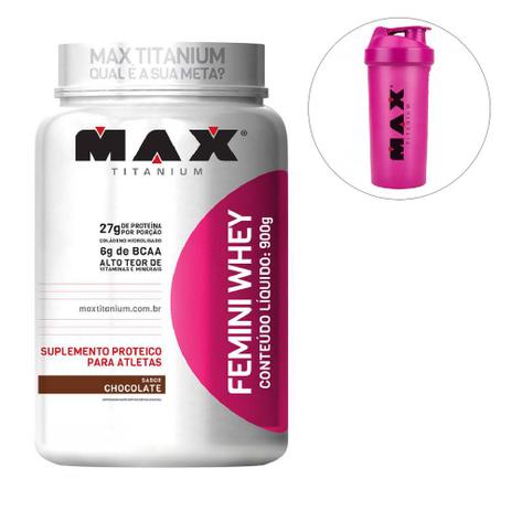 Whey Protein Femini 900g Chocolate Max Titanium + Coqueteleira 600ml Menor preço em Whey Protein Femini 900g Chocolate Max Titanium + Coqueteleira 600ml