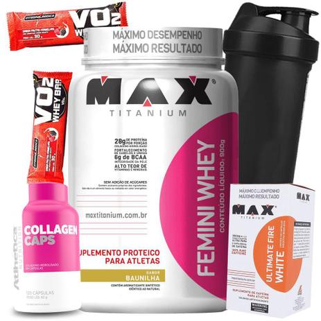 Whey Protein Femini 900g Colageno 120caps Cafeina Ultimate Fire White 60caps Copo Wey way - Max titanium Menor preço em Whey Protein Femini 900g Colageno 120caps Cafeina Ultimate Fire White 60caps Copo Wey way - Max titanium