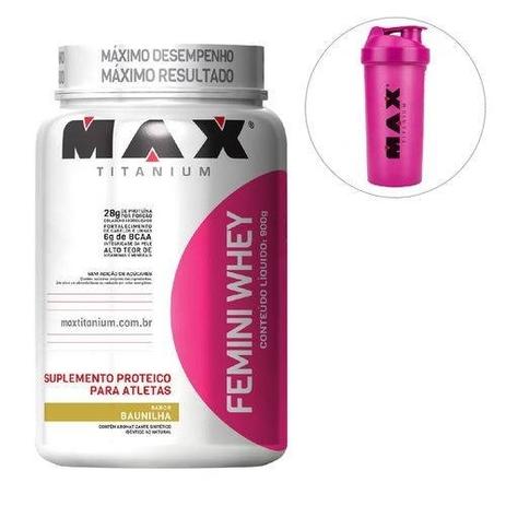 Whey Protein Femini 900g Morango Max Titanium + Coqueteleir Menor preço em Whey Protein Femini 900g Morango Max Titanium + Coqueteleir