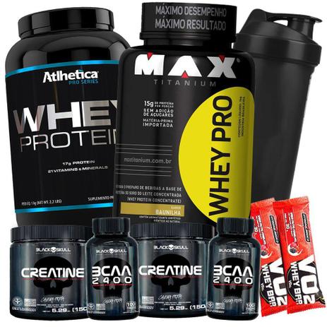 Whey Protein Pro Serie 1kg Pote + Wey Pro 1kg Puro 2x Creatina 150g 2x Bcaa 2400 100cap - Max titanium Menor preço em Whey Protein Pro Serie 1kg Pote + Wey Pro 1kg Puro 2x Creatina 150g 2x Bcaa 2400 100cap - Max titanium