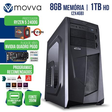 Workstation Mvwork5 Amd Ryzen 5 2400g 3.6ghz Mem. 8gb (2x 4gb) Hd 1tb Placa Quadro P600 Fonte 350w - Movva Menor preço em Workstation Mvwork5 Amd Ryzen 5 2400g 3.6ghz Mem. 8gb (2x 4gb) Hd 1tb Placa Quadro P600 Fonte 350w - Movva