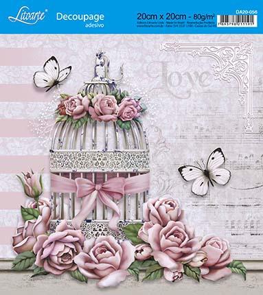 Imagem de Kit 3 Papel Decoupage Adesiva 20X20 Gaiola C/ Rosas DA20-056 - Litoarte