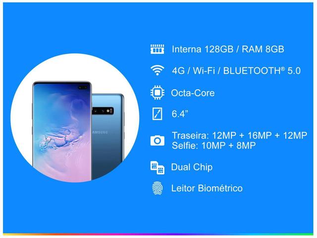 Imagem de Smartphone Samsung Galaxy S10+ 128GB Azul - 8GB RAM 6,4” Câm. Tripla Câm. Selfie Dupla