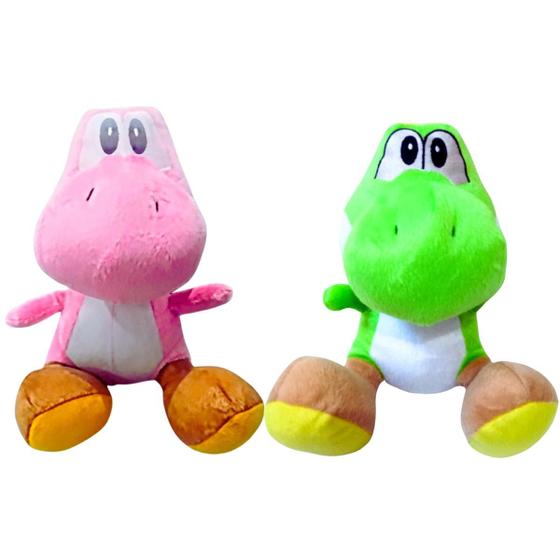 Imagem de 02 Brinquedos Pelucia Yoshi Verde e Rosa 30cm Turma do Mario Antialergico Bordado