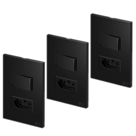 Imagem de 03 Conjunto Interruptor Simples + Tomada 20a 4x2 Recta Preto
