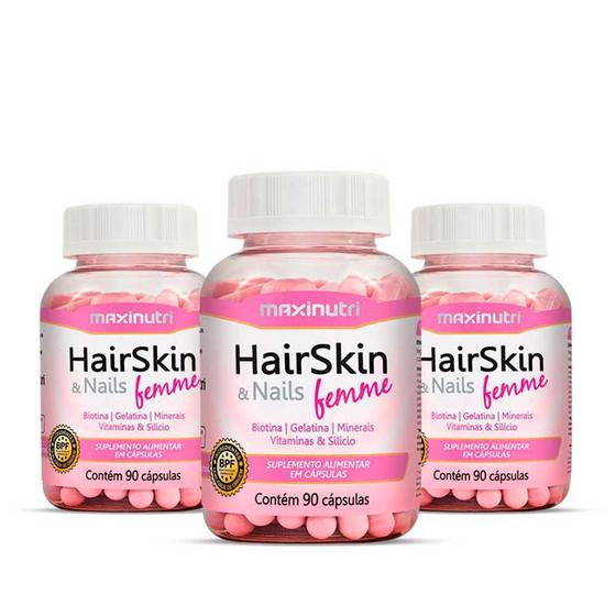 Imagem de 03 HairSkin Femme Biotina e Minerais 90 Cápsulas Maxinutri