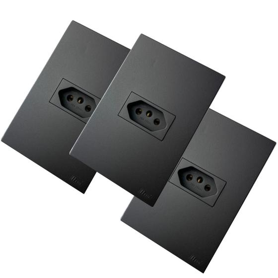 Imagem de 03 Tomadas Simples 10 A 4x2 Blux Recta Black Fosco Santin