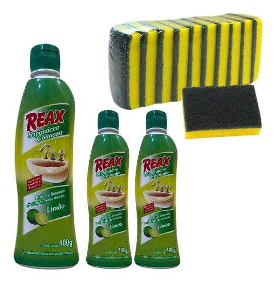 Imagem de 03 Un Saponaceo Reax 400g Lima + 10 Esponja Dupla Face Betta