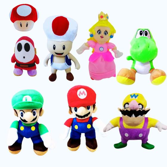 Imagem de 08 Brinquedos Pelucia Mario Luigi Princesa Yoshi Toady Wario e Cogumelo Antialergico