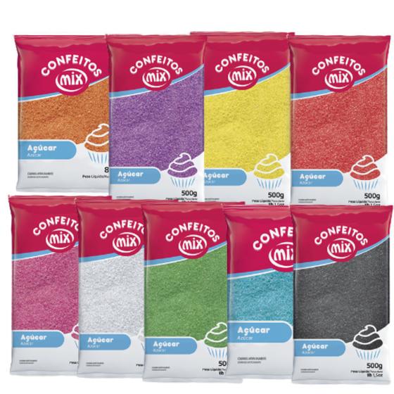 Imagem de 09 Açúcar Colorido Algodão Doce Pipoca Doces Bolo Kit 4,5kg